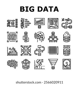 big data analytics hadoop icons set vector. spark nosql, machine learning datamining, visualization scalability, cloud, storage big data analytics hadoop black contour illustrations