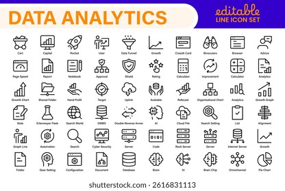 Big Data and Analytics Icon Pack – Cloud, AI, Charts, Visualization, Technology, Dashboard – Vector, Line, Outline, Minimal, Illustration Icons