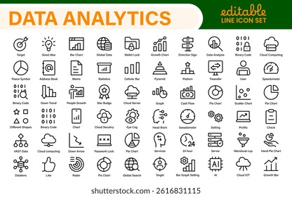 Big Data and Analytics Icon Pack – Cloud, AI, Charts, Visualization, Technology, Dashboard – Vector, Line, Outline, Minimal, Illustration Icons