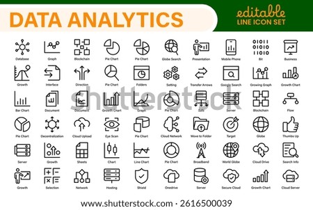 Big Data and Analytics Icon Pack – Cloud, AI, Charts, Visualization, Technology, Dashboard – Vector, Line, Outline, Minimal, Illustration Icons