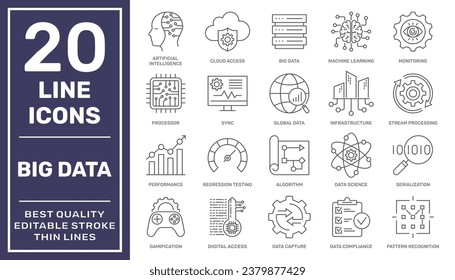 Juego de iconos Big Data y Analytics. Símbolo de la tecnología de análisis de grandes datos. Contiene bases de datos, estadísticas, análisis, servidores, monitoreo, computación e iconos de red. Stroke editable. EPS 10