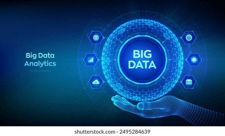 Análisis de Big Data. Concepto de tecnología de innovación de Big Data. Análisis de red de blockchain. Inteligencia artificial. Esfera hexagonal de la rejilla en la mano del alambre en el fondo azul. Ilustración vectorial.