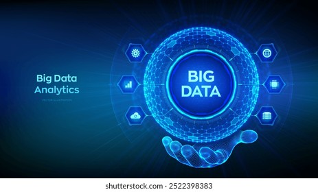 Análisis de Big Data. Concepto de tecnología de innovación de Big Data. Análisis de redes blockchain. Inteligencia artificial. Esfera de rejilla hexagonal en mano de alambre sobre fondo azul. Ilustración vectorial.