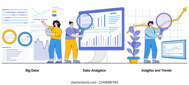 Big Data, Data Analytics, Insights and Trends Concept with Character. Data-Driven Decisions Abstract Vector Illustration Set. Information, Analysis, Business Intelligence Metaphor.