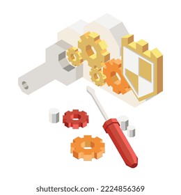 Big data analytics isometric composition with isolated icons of network infrastructure connection processing vector illustration