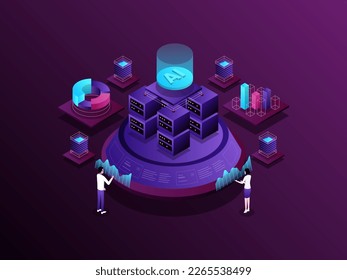 Big data analytics Isometric Illustration Dark Gradient. Suitable for Mobile App, Website, Banner, Diagrams, Presentation, and Other Graphic Assets.