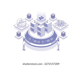 Big data analytics Isometric Illustration Lineal Color. Suitable for Mobile App, Website, Banner, Diagrams, Presentation, and Other Graphic Assets.