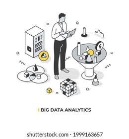 Big data analytics. A male analyst examines large amount of data. He is trying to uncover hidden correlations to grow the business. Abstract isometric illustration