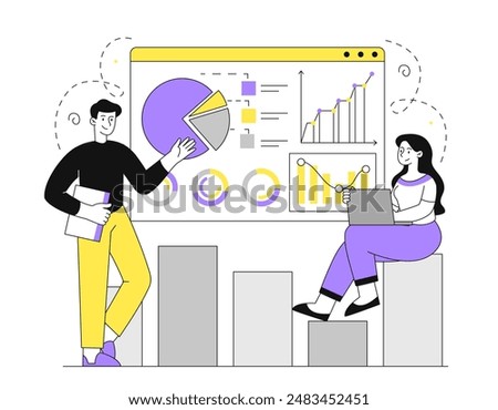 Big data analytics. Man and woman with presentation. Partners evaluate graphs and diagrams and conduct marketing research. Collaboration and cooperation. Linear flat vector illustration