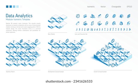 Gran análisis de datos constructor isométrico modular. Base de patrones sin inconvenientes, icono de línea, juego de caracteres. Desarrollar, crecer escaleras arriba, concepto de trabajo en equipo. Seo tech, report, analysis platform. Información empresarial