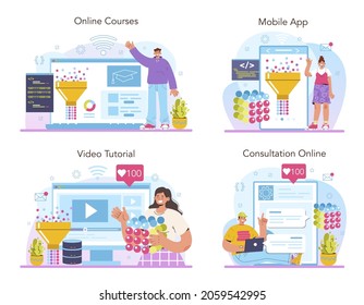 Análisis de grandes datos en línea o conjunto de plataformas. Grandes datos de diferentes fuentes de análisis y visualización. Curso en línea, consulta, video tutorial, aplicación móvil. Ilustración plana del vector