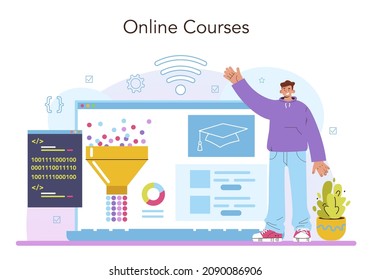 Big Data Analytics Online Service oder Plattform. Big Data aus verschiedenen Quellen Analyse und Visualisierung. Online-Kurs. Vektorgrafik