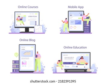 Big data analytics online service or platform set. Big data based development of business strategy. Digital information analysis. Online course, education, blog, mobile app. Flat vector illustration