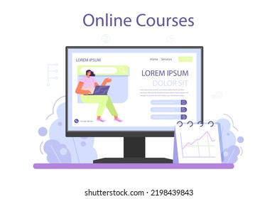 Big data analytics online service or platform. Big data based development of business strategy. Digital information analysis. Online course. Flat vector illustration
