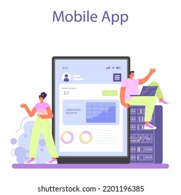 Big data analytics online service or platform. Big data based development of business strategy. Digital information analysis. Mobile app. Flat vector illustration
