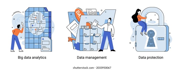 Big Data Analytics Platform, Data Management And Protection Creative Metaphor Set Abstract Concept. Data Center Room Disk Infrastructure Business Information Safety. Technology Internet And Network