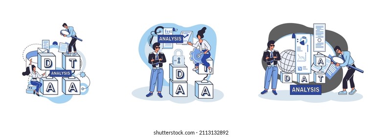 Big data analytics platform, data management and protection creative metaphor set abstract concept. Data center room disk infrastructure business information safety. Technology Internet and network