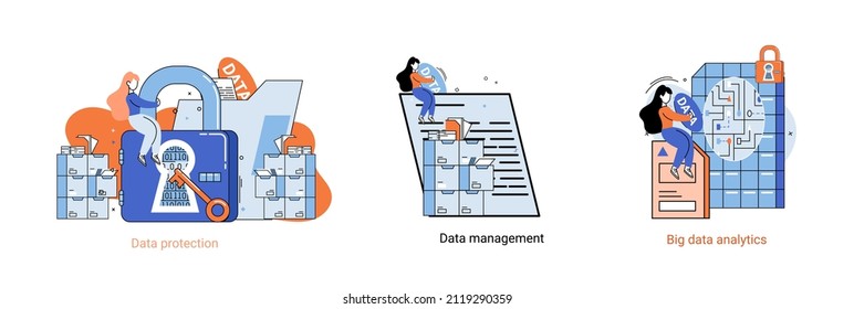 Big data analytics platform, data management and protection creative metaphor set abstract concept. Data center room disk infrastructure business information safety. Technology Internet and network