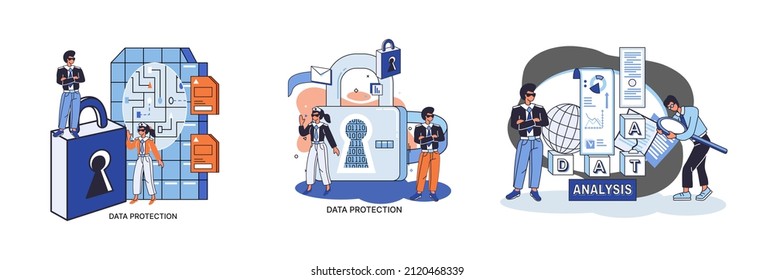 Big data analytics platform, data management and protection creative metaphor set abstract concept. Data center room disk infrastructure business information safety. Technology Internet and network