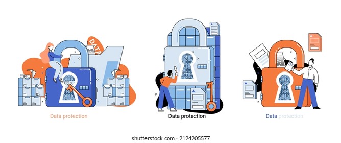 Big data analytics platform, data management and protection creative metaphor set abstract concept. Data center room disk infrastructure business information safety. Technology Internet and network