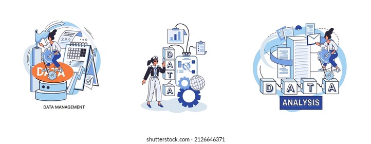 Big data analytics platform, data management and protection creative metaphor set abstract concept. Data center room disk infrastructure business information safety. Technology Internet and network