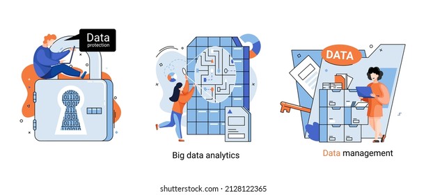 Big data analytics platform, data management and protection creative metaphor set abstract concept. Data center room disk infrastructure business information safety. Technology Internet and network