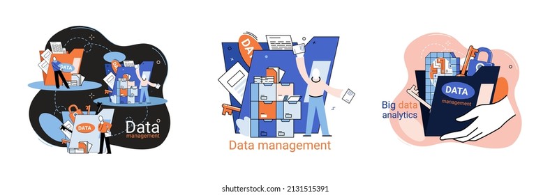 Big data analytics platform, data management and protection creative metaphor set abstract concept. Data center room disk infrastructure business information safety. Technology Internet and network