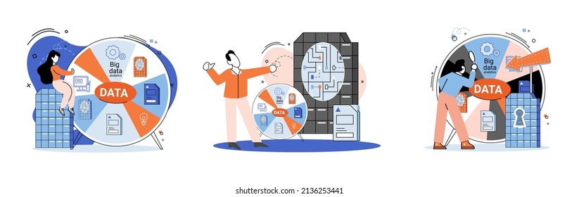 Big data analytics platform, data management and protection creative metaphor set abstract concept. Data center room disk infrastructure business information safety. Technology Internet and network
