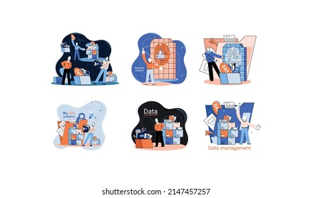 Big data analytics platform, data management and protection creative metaphor set abstract concept. Data center room disk infrastructure business information safety. Technology Internet and network