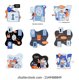 Big data analytics platform, data management and protection creative metaphor set abstract concept. Data center room disk infrastructure business information safety. Technology Internet and network