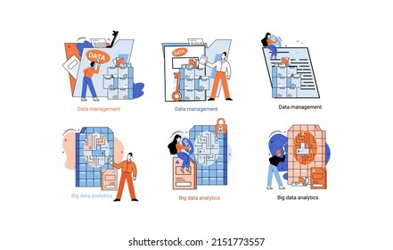 Big data analytics platform, data management and protection creative metaphor set abstract concept. Data center room disk infrastructure business information safety. Technology Internet and network