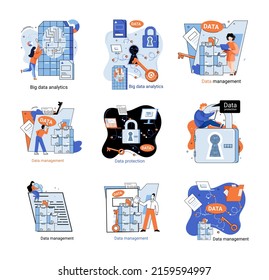 Big data analytics platform, data management and protection creative metaphor set abstract concept. Data center room disk infrastructure business information safety. Technology Internet and network