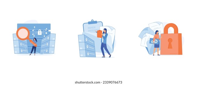 Big data analytics platform, data management and protection, business information safety. Technology Internet and network,  set flat vector modern illustration