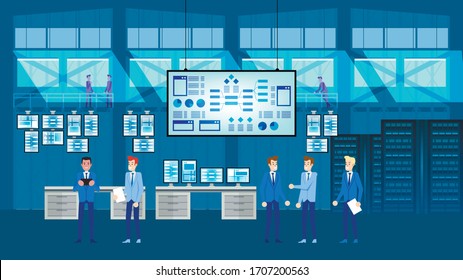 Big Data Analytics Room. Flat Infographic Screen. Technician People Character using Supercomputer for Business Information Structure. Farm Cluster Service and Support. Job Automation Technology.