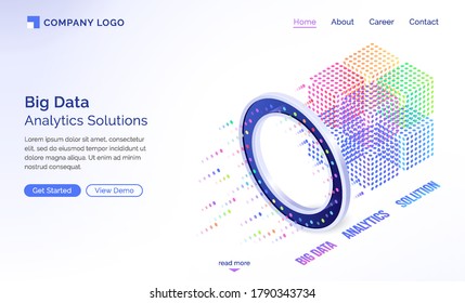 Big data analytics solutions isometric landing page, information technology concept, info blocks flow through luminous circle, datum traffic analysis, server room with connections 3d vector web banner