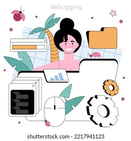 Big data analytics. Big data specialist visualize and analyse data chart or graph from different sources. Making report for optimization. Vector flat illustration