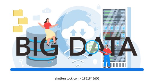 Big data analytics typographic header. Chart and graph, diagram research, cloud technology. Making report for optimization. Vector flat illustration