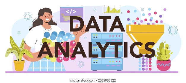 Big data analytics typographic header. Big data from different sources chart or graph visualization and analysis. Making report for optimization. Vector flat illustration