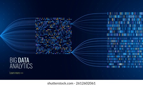 Big Data Analytics Visualization with Data Flow and Transformation. Abstract Digital Grid and AI Processing Concept for Technology, Science, and Machine Learning. Vector Illustration.