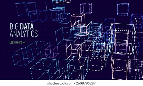Big Data Analytics Visualization with Glowing 3D Cubes in Digital Space, Representing Network, Cloud Technology, and AI Systems. Perfect for Tech Projects. Vector Illustration.