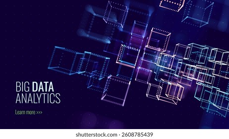Big Data Analytics Visualization with Glowing 3D Cubes in Digital Space, Representing Network, Cloud Technology, and AI Systems. Perfect for Tech Projects. Vector Illustration.