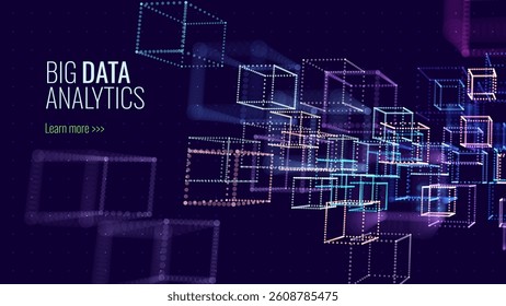 Big Data Analytics Visualization with Glowing 3D Cubes in Digital Space, Representing Network, Cloud Technology, and AI Systems. Perfect for Tech Projects. Vector Illustration.