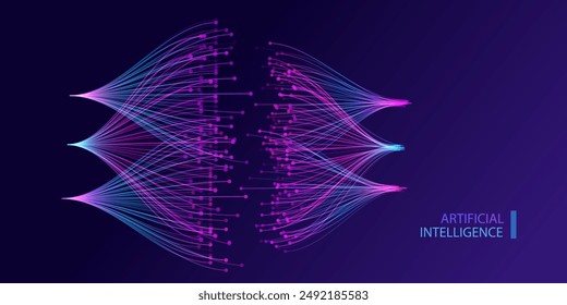 Big data analytics visualization vector. Artificial intelligence and machine learning design. Futuristic digital wave of data volume flow processing. Ai financial trend lines financial analysis.