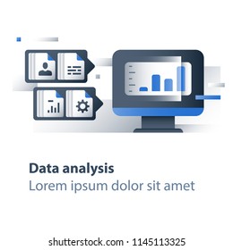 Big data analyzing, information collection and processing, report graph, data server, business technology, vector icon, flat illustration