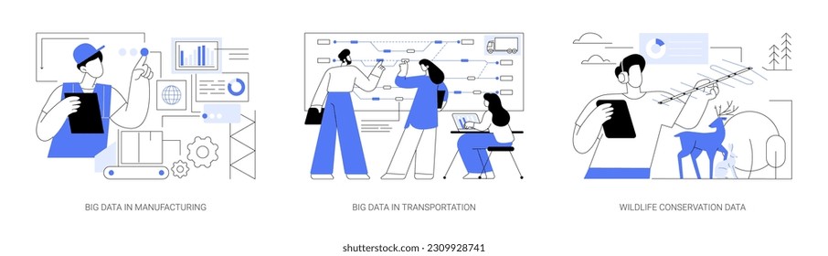 Big Data-Anwendungen abstraktes Konzept, Vektorgrafik-Set. Erfassung von Prozessdaten, Verkehrsmanagement, intelligentem Verkehrssystem, abstrakter Metapher zum Naturschutz.