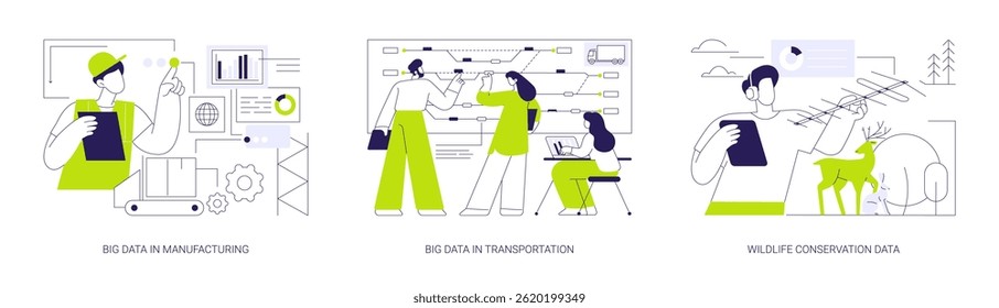 Big Data aplicações conceito abstrato vetor ilustração conjunto. Coletar dados de processos de fabricação, gerenciamento de tráfego, sistema de transporte inteligente, metáfora abstrata da conservação da vida selvagem.