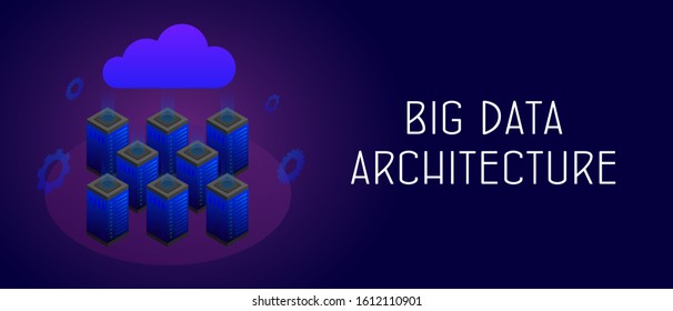 Big Data Architecture Safety and Security concept. Decentralized Nodes & Cloud Storage. IoT(internet of things) servers. Header and footer vector banner template with text isolated on dark background