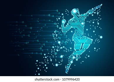 Big data and artificial intelligence concept. Machine learning and cyber mind domination concept in form of men flying figure outline with circuit board and binary data flow on blue background.