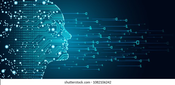 Big data and artificial intelligence concept. Machine learning and cyber mind domination concept in form of men face outline outline with circuit board and binary data flow on blue background.