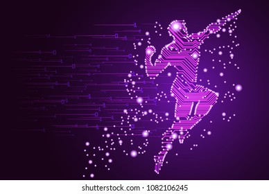 Big data and artificial intelligence concept. Machine learning and cyber mind domination concept in form of men flying figure outline with circuit board and binary data flow on purple background.